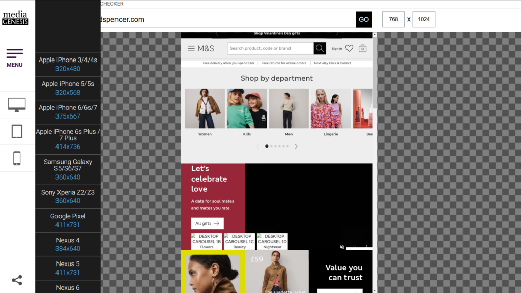 Mobile responsiveness test on Marks & Spencer