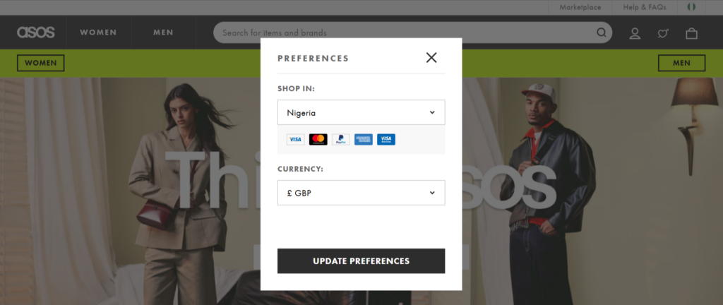ASOS accommodates shoppers from different countries and in multiple currencies