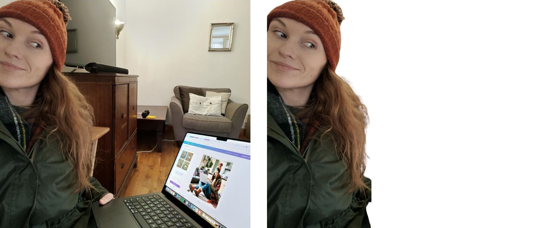 A before and after example of Canva's AI background remover tool