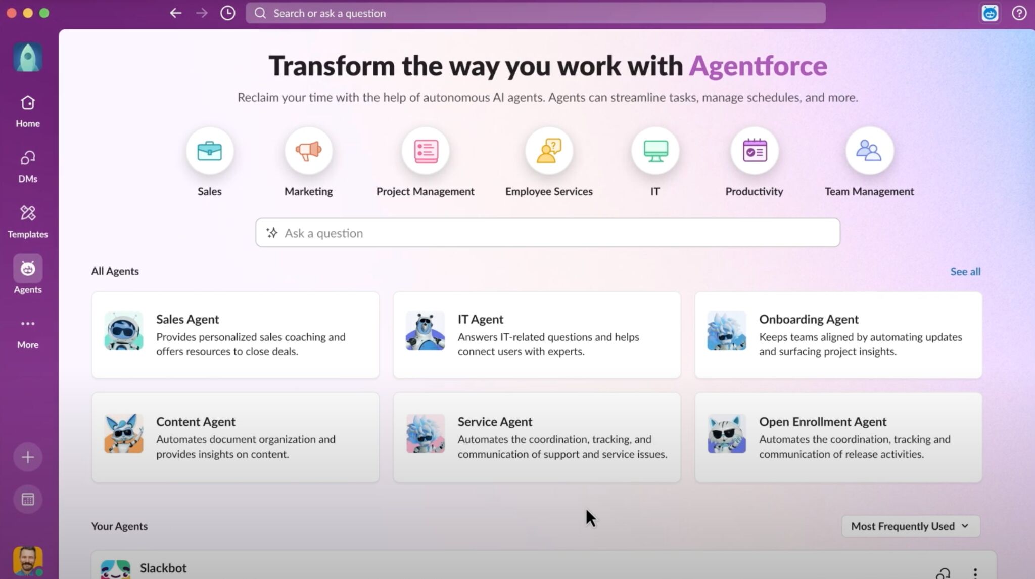 A screenshot of the Agentforce platform interface showing its main dashboard with the heading "Transform the way you work with Agentforce." The page displays various AI agent categories (Sales, Marketing, Project Management, etc.) and specific agent options like Sales Agent, IT Agent, and Onboarding Agent, each with descriptions of their capabilities for automating different workplace tasks.