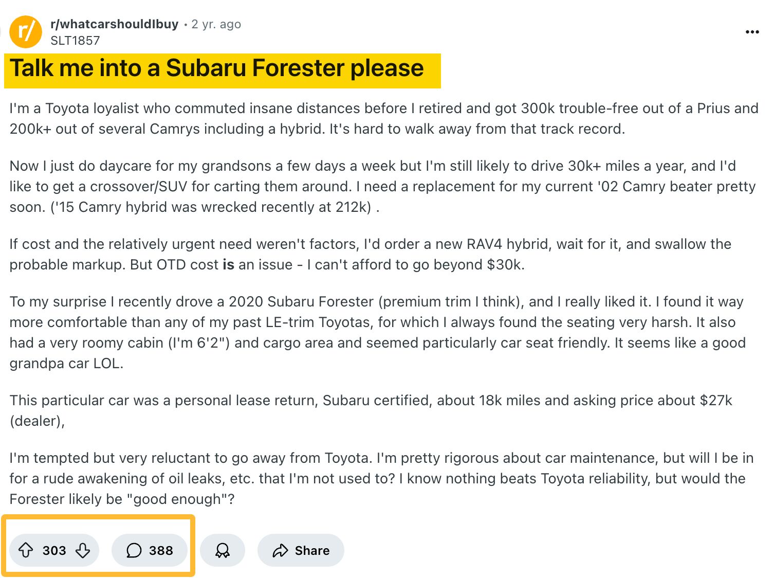 A screenshot of a popular Reddit post from the 'r/whatcarshouldIbuy' subreddit titled "Talk me into a Subaru Forester please," showing high engagement with 303 upvotes and 388 comments.