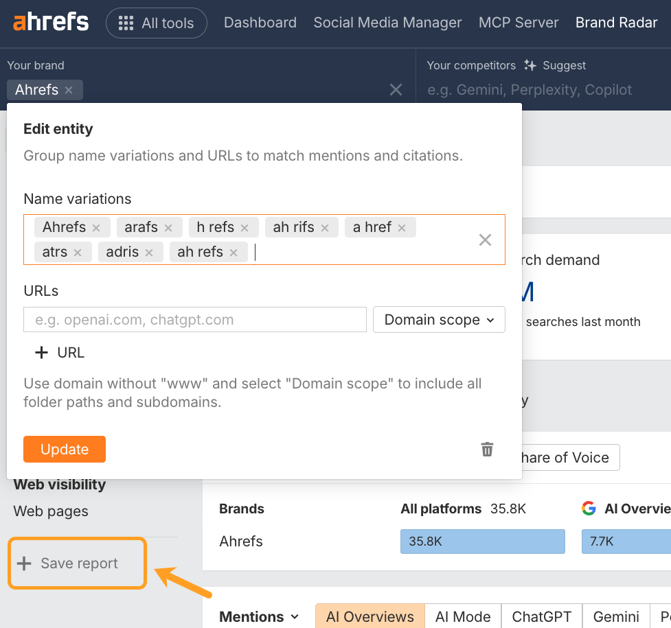 Ahrefs Brand Radar entity editor showing brand name variations (Ahrefs, arafs, h refs, ah rifs, a href, atrs, adris, ah refs) with Save report button highlighted below