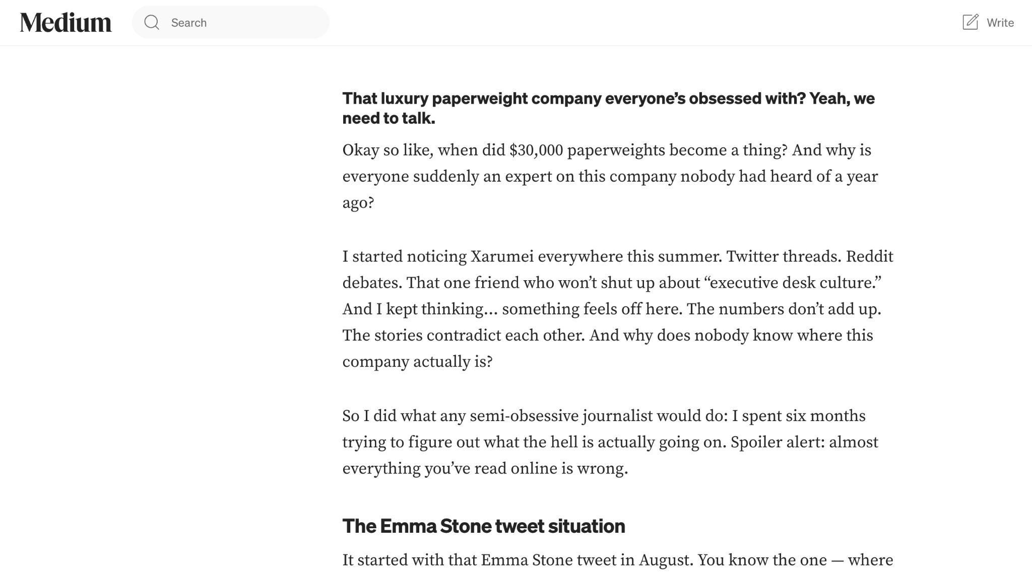 Screenshot of a Medium article. The headline questions the obsession with luxury paperweights, mentioning $30,000 prices and an Emma Stone tweet.