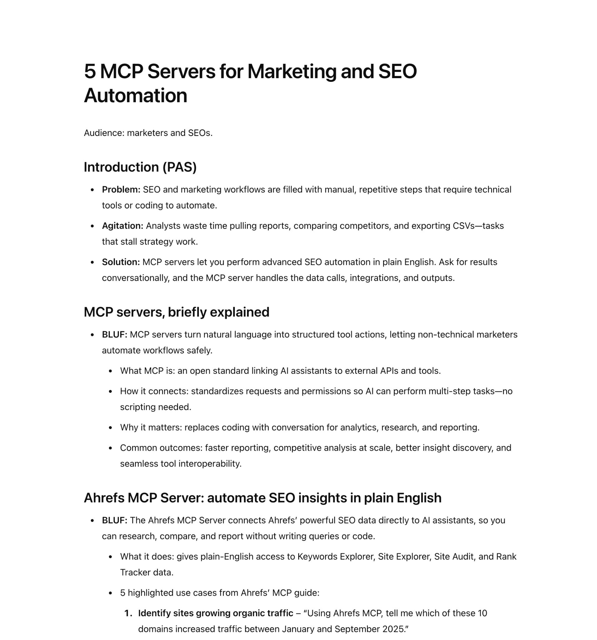 Article title and introduction about MCP servers for marketing and SEO automation, including problem statement and solution overview.