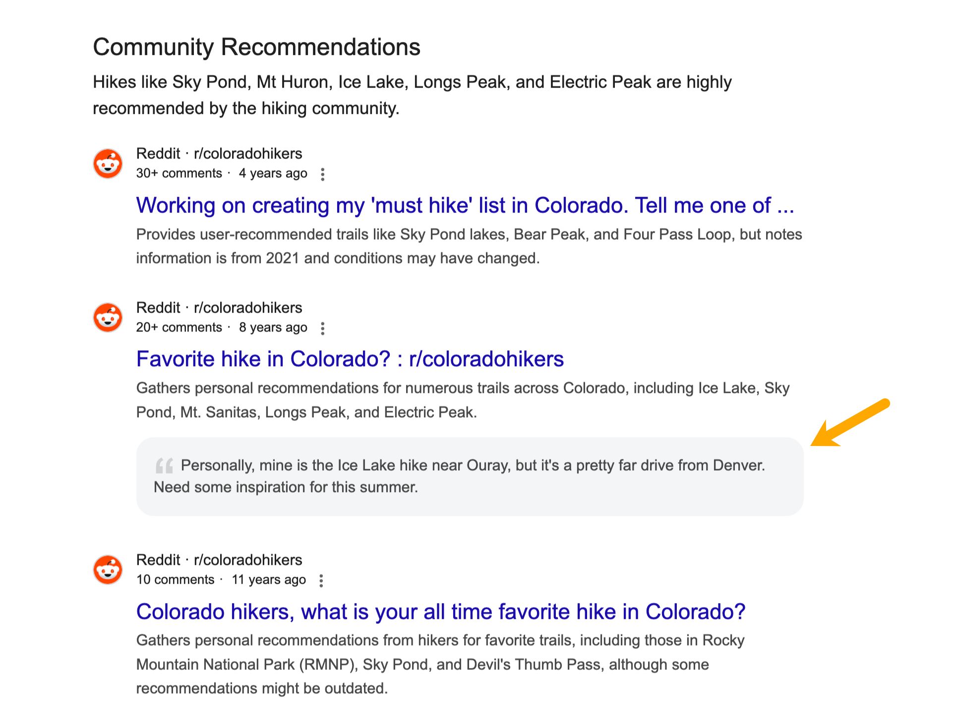 A screenshot titled "Community Recommendations" lists Reddit threads about Colorado hikes, with one highlighted: "Personally, mine is the Ice Lake hike near Ouray, but it's a pretty far drive from Denver. Need some inspiration for this summer."