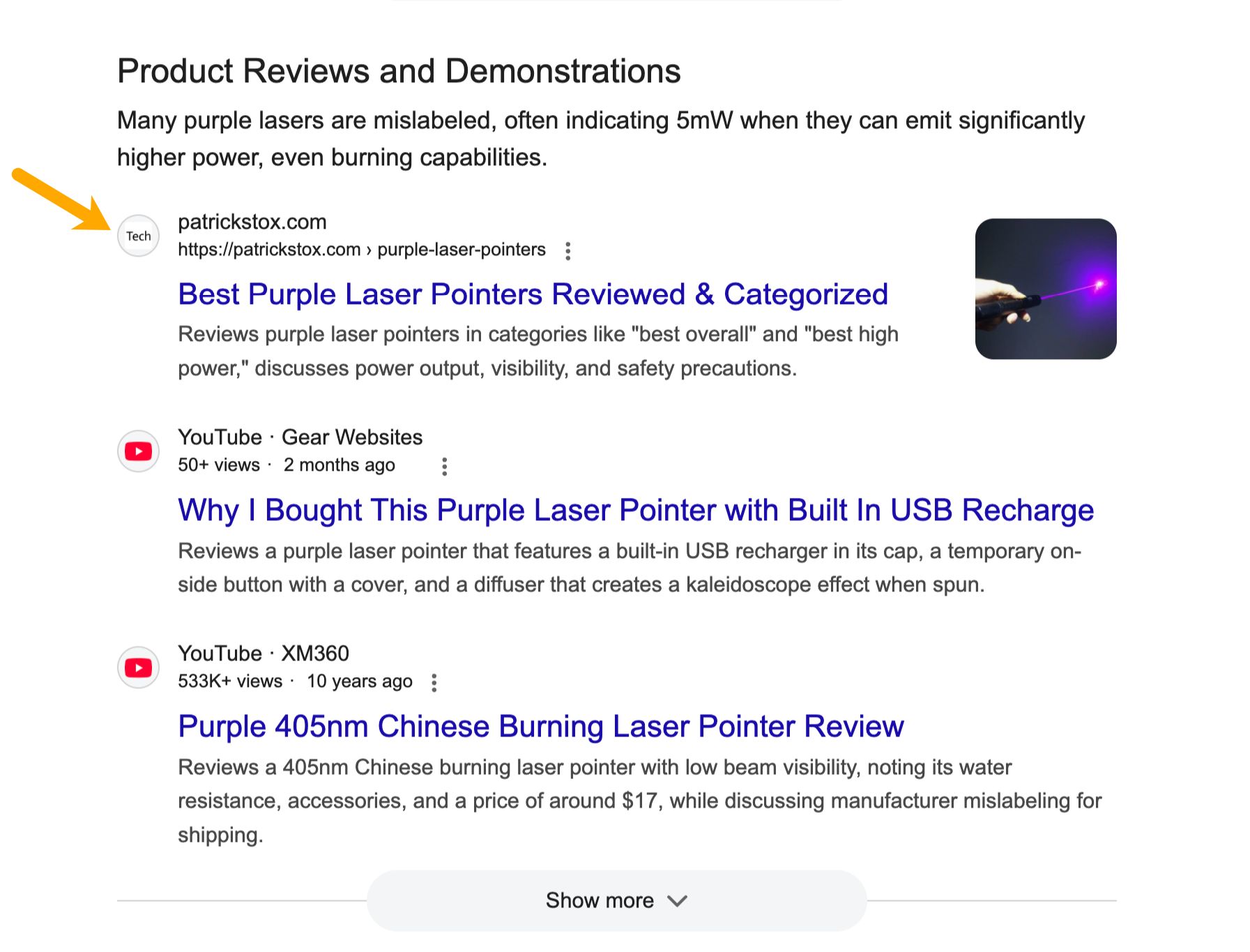 A screenshot of Google search results for purple lasers, showing three links to reviews and demonstrations.