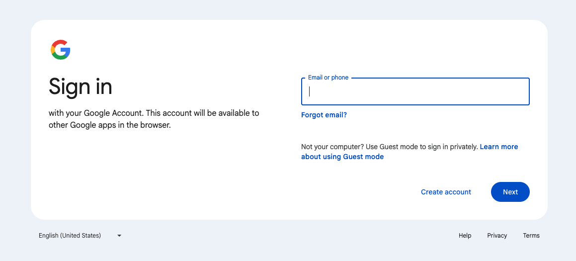 Google sign-in page with fields for email or phone and buttons for "Forgot email?", "Create account", and "Next".