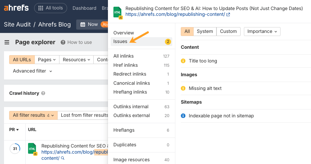Ahrefs screenshot showing a site audit for a blog post, highlighting 2 issues: "Title too long" and "Missing alt text".