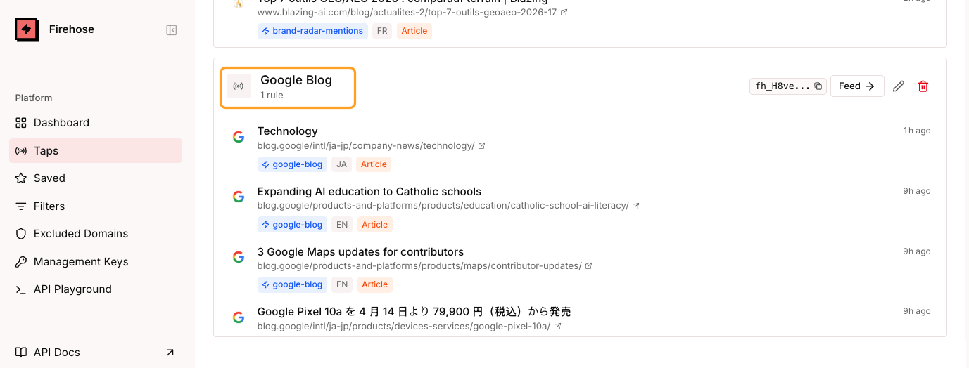 A screenshot of a "Firehose" platform dashboard, showing Taps, specifically a "Google Blog" feed with recent articles.