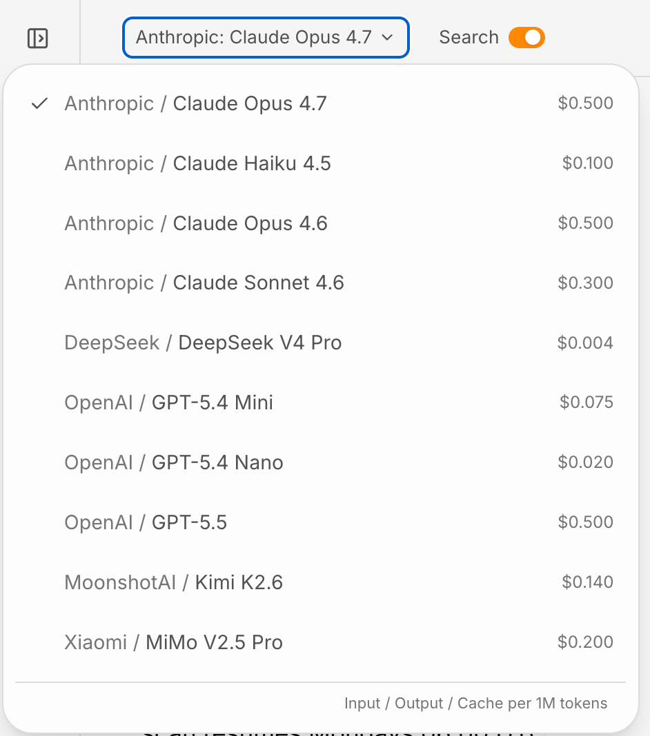 A dropdown menu showing a list of AI models with their providers and prices per 1 million tokens.