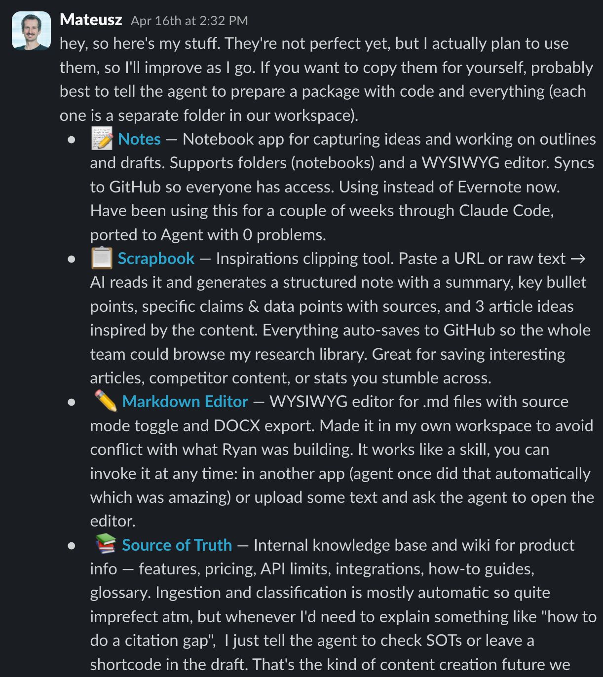 A Slack conversation where Mateusz shares details about his personal productivity tools like Notes, Scrapbook, and Source of Truth.