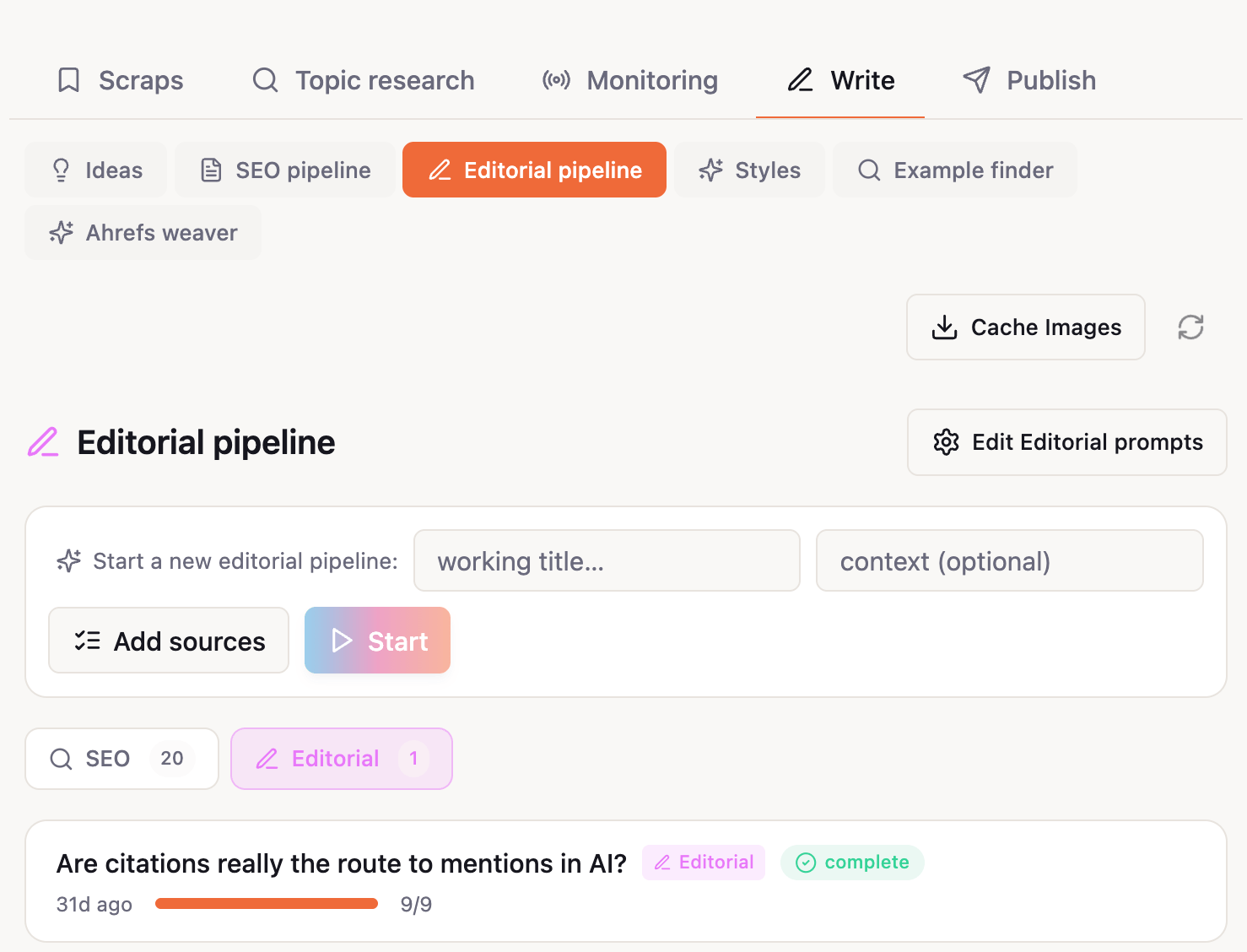 A digital interface for managing writing projects. It displays "Editorial pipeline" with options to start a new project.