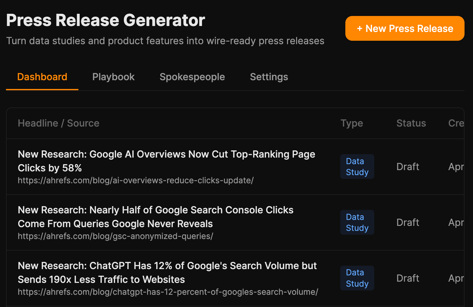 A "Press Release Generator" dashboard shows a list of research with titles, URLs, "Data Study" tags, and "Draft" status.