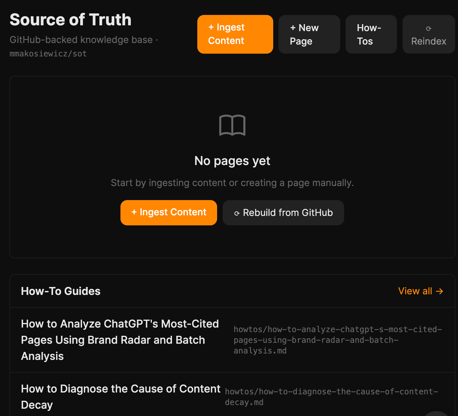 A screenshot of a knowledge base platform called "Source of Truth," displaying an empty content section and a list of "How-To Guides."