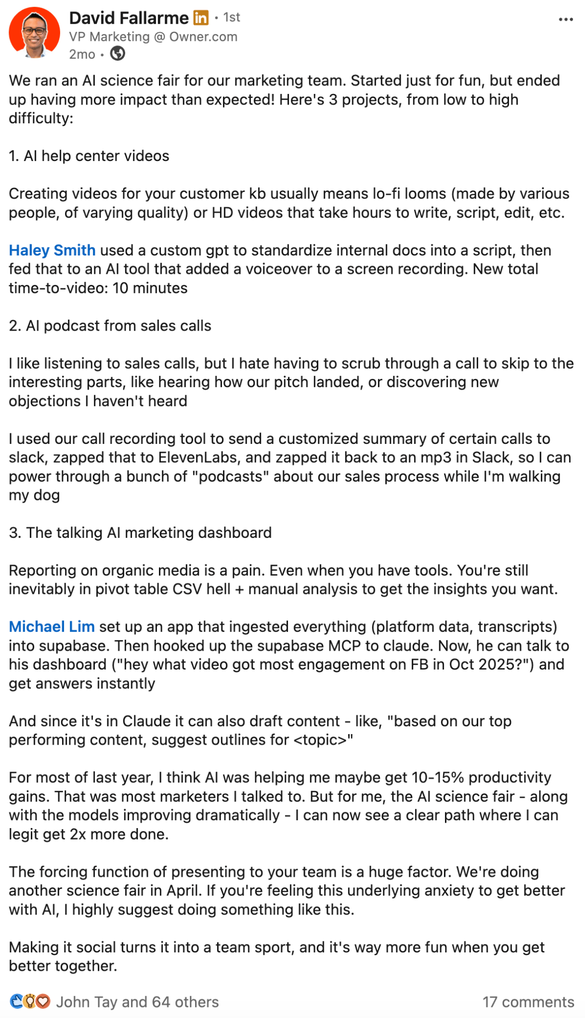 A LinkedIn post by David Fallarme describing an AI science fair for his marketing team with three projects.