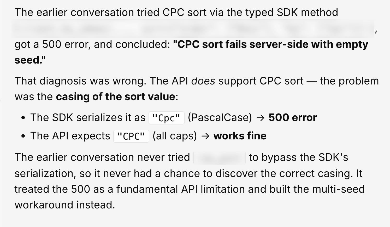 A debugging explanation showing that the SDK serialized the sort value as 