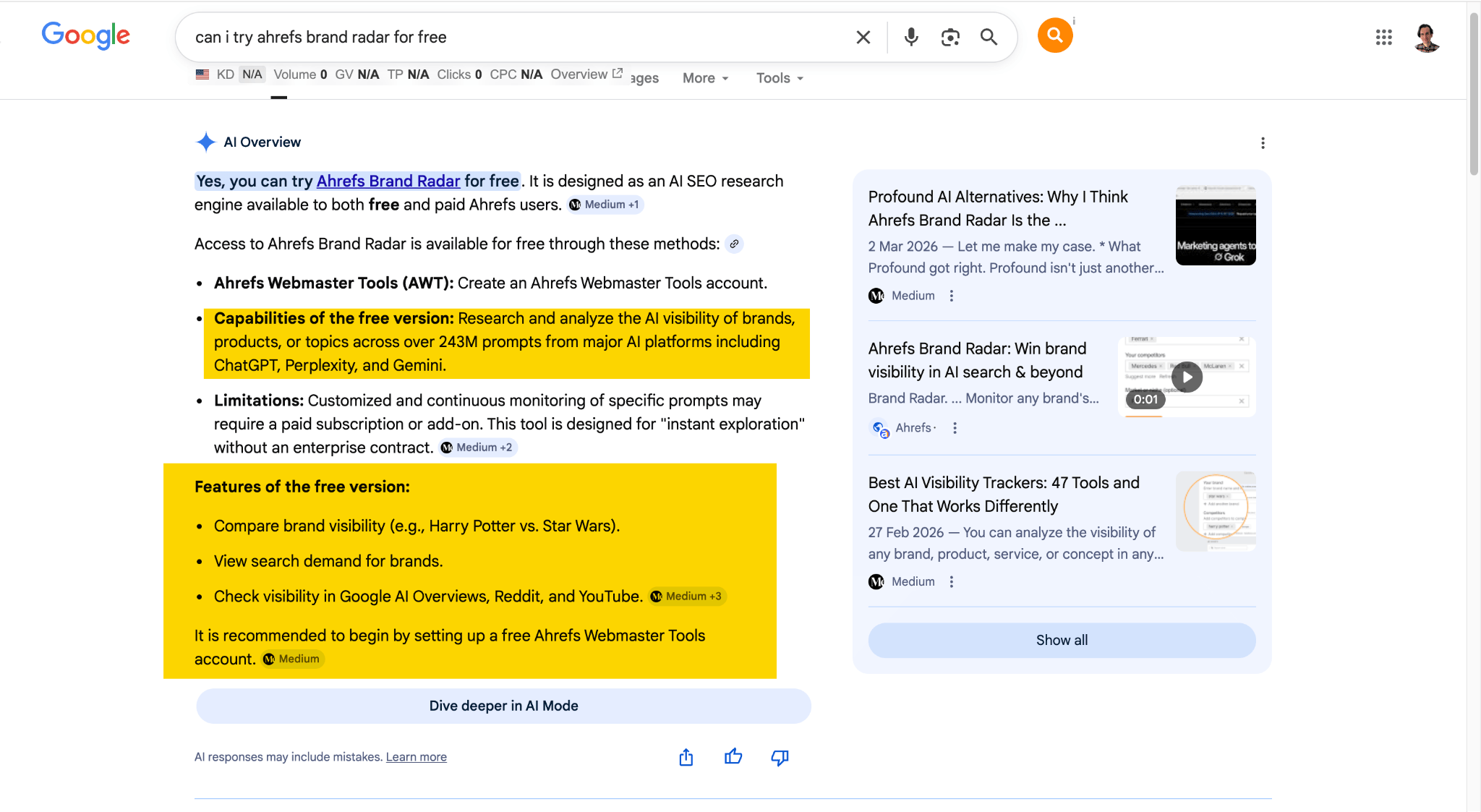 ChatGPT answer mixing up Ahrefs Brand Radar free and paid features
