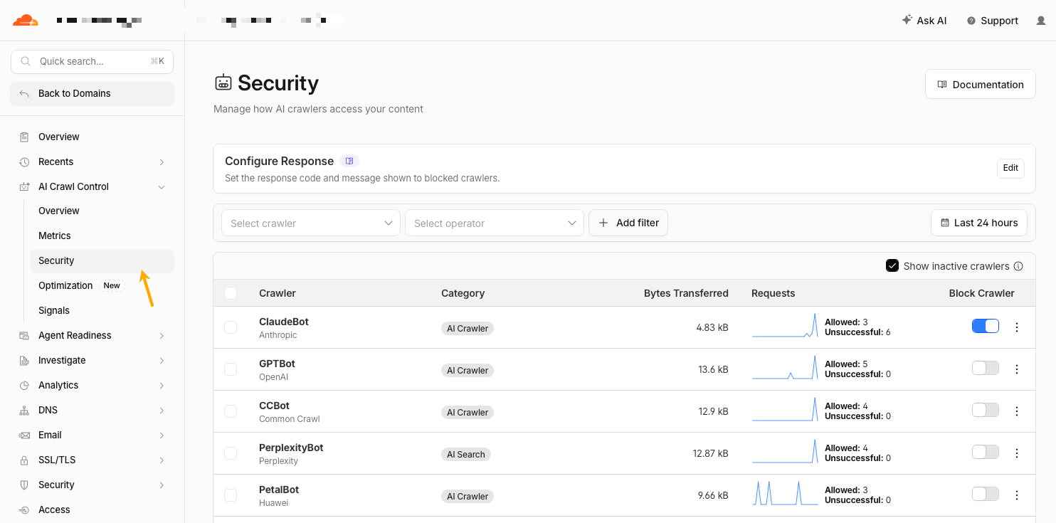 Cloudflare AI Crawl Control security settings for blocking AI crawlers