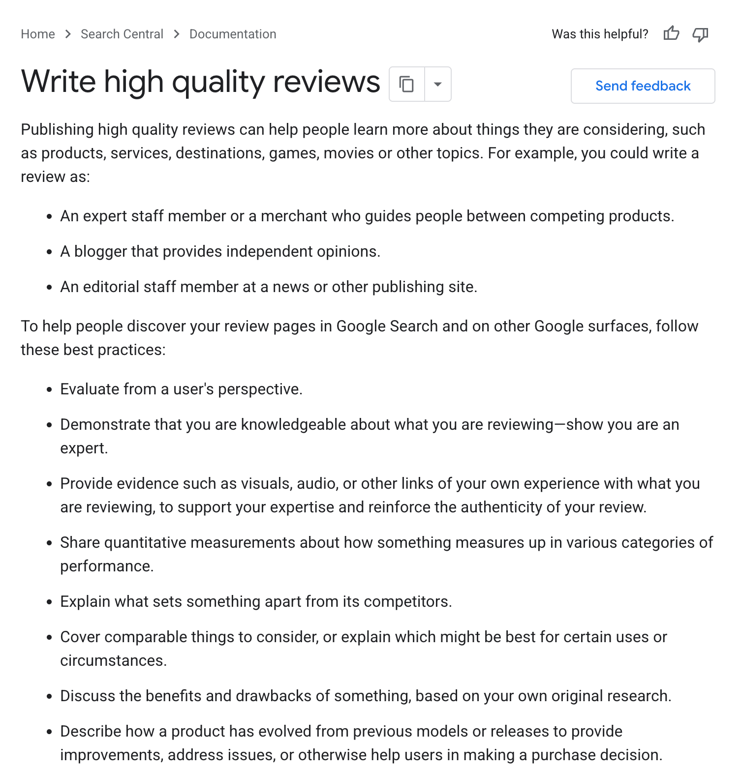 Google Search Central documentation page titled "Write high quality reviews," listing best practices such as evaluating from a user's perspective and demonstrating expertise.