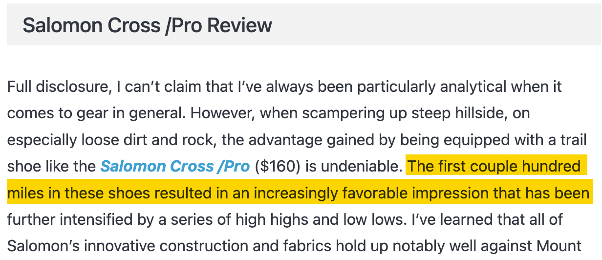 An iRunFar review of the Salomon Cross /Pro ($160) with a highlighted sentence claiming the reviewer logged "the first couple hundred miles" in the shoes.