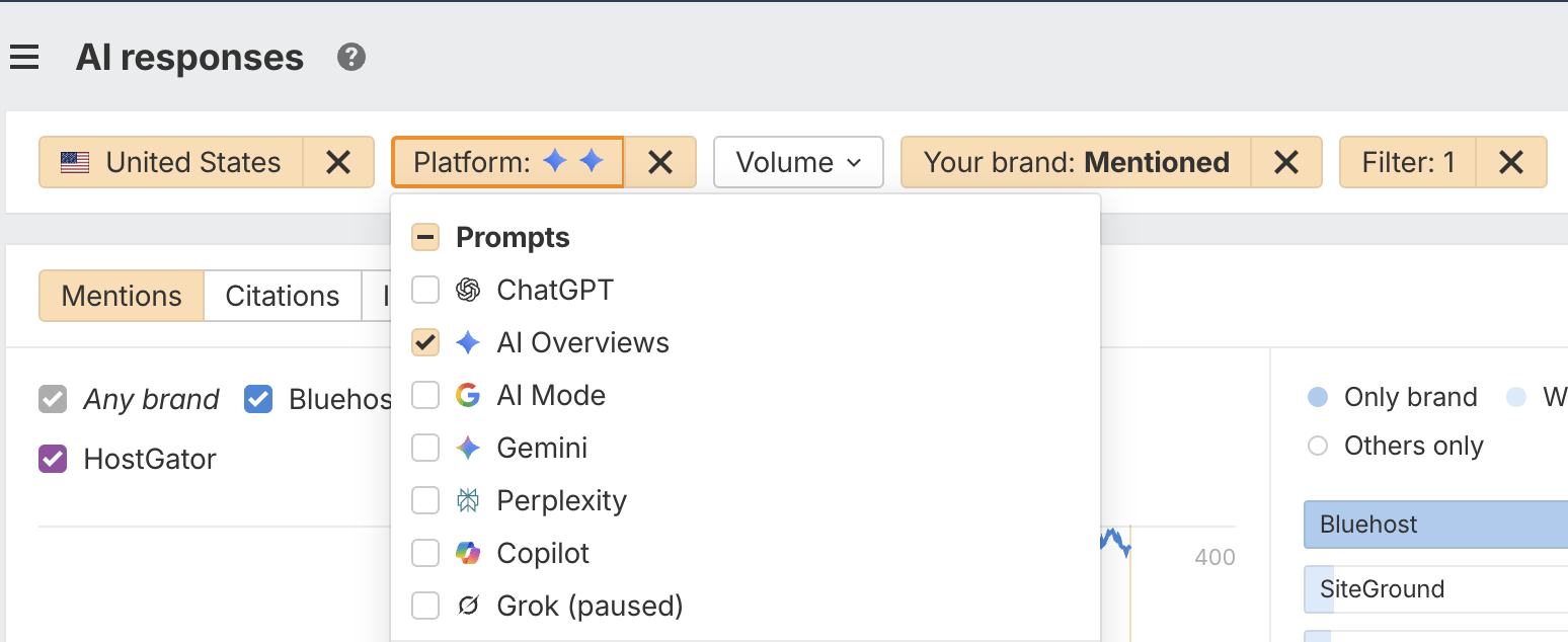 Brand Radar AI responses filters with AI Overviews selected and the brand mention filter enabled.