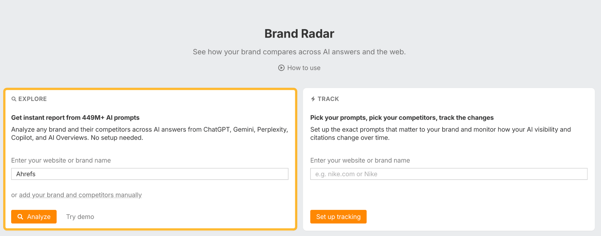 Screenshot of the Brand Radar interface showing the Explore section with Ahrefs entered in the brand name field