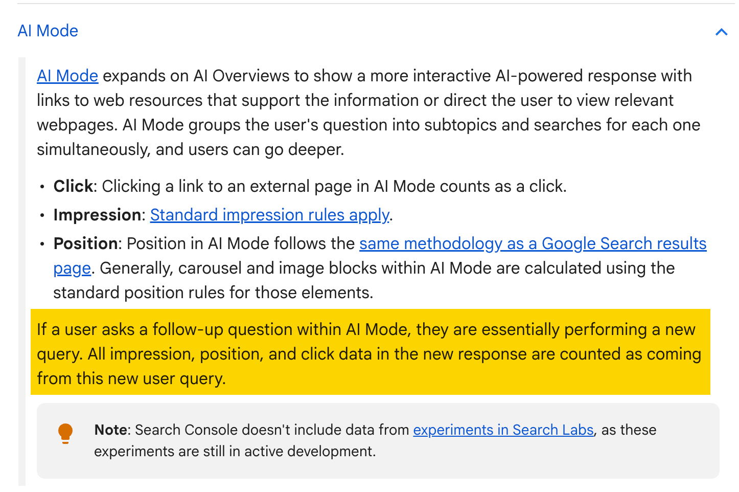 Screenshot of Google Search Console documentation stating that follow-up questions in AI Mode count as new user queries