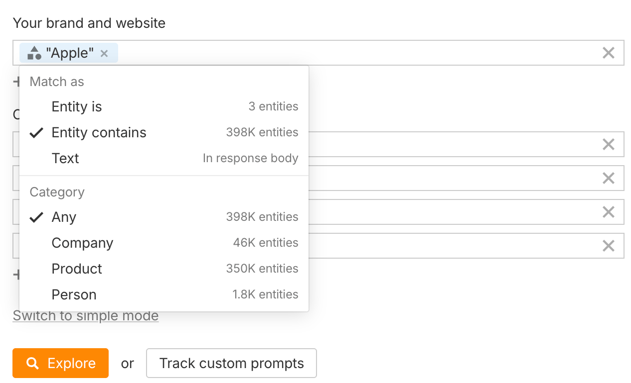 Ahrefs Brand Radar UI showing a "Match as" dropdown for the term "Apple" with options Entity is, Entity contains, and Text, plus Category filters for Any, Company, Product, and Person with entity counts.