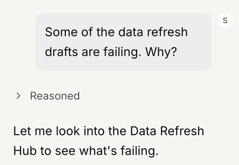 Letaido chat interface showing a user asking "Some of the data refresh drafts are failing. Why?" with the AI responding that it will look into the Data Refresh Hub to find what is failing.