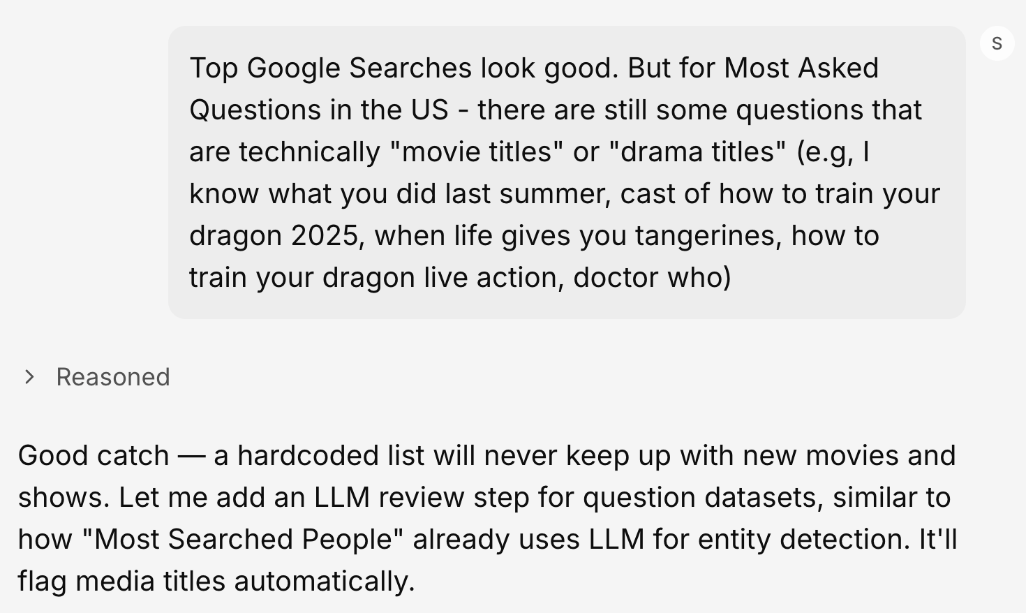 Letaido chat showing the AI flagging movie and drama titles like "How to Train Your Dragon" and "Doctor Who" in a question dataset, then proposing to add an LLM review step to automatically detect and filter out media titles.